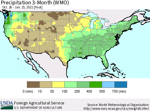 United States Precipitation 3-Month (WMO) Thematic Map For 10/26/2020 - 1/25/2021