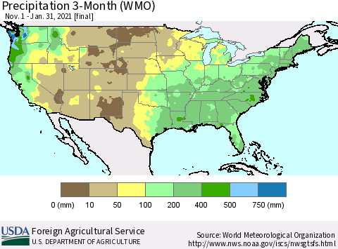 United States Precipitation 3-Month (WMO) Thematic Map For 11/1/2020 - 1/31/2021