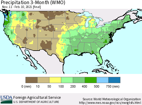 United States Precipitation 3-Month (WMO) Thematic Map For 11/11/2020 - 2/10/2021