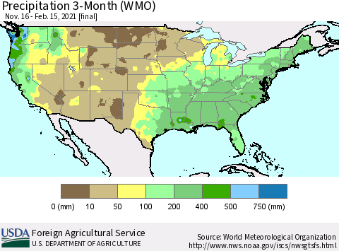 United States Precipitation 3-Month (WMO) Thematic Map For 11/16/2020 - 2/15/2021