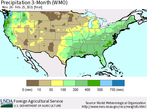 United States Precipitation 3-Month (WMO) Thematic Map For 11/26/2020 - 2/25/2021