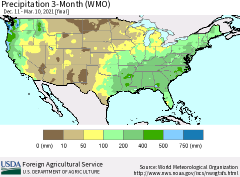United States Precipitation 3-Month (WMO) Thematic Map For 12/11/2020 - 3/10/2021
