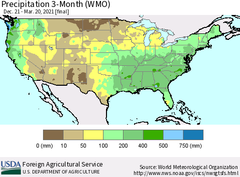 United States Precipitation 3-Month (WMO) Thematic Map For 12/21/2020 - 3/20/2021