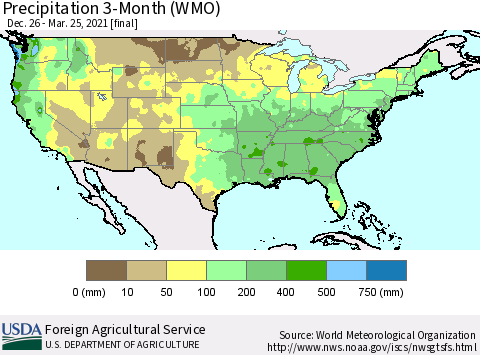 United States Precipitation 3-Month (WMO) Thematic Map For 12/26/2020 - 3/25/2021
