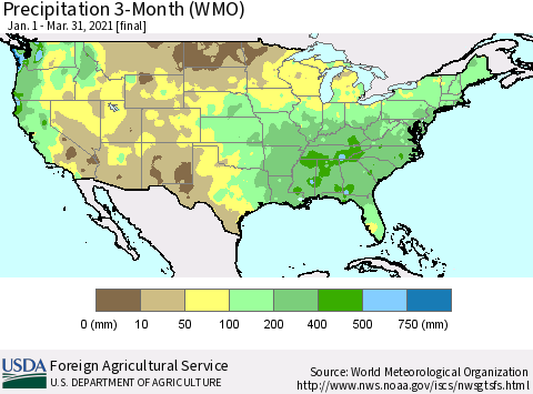 United States Precipitation 3-Month (WMO) Thematic Map For 1/1/2021 - 3/31/2021