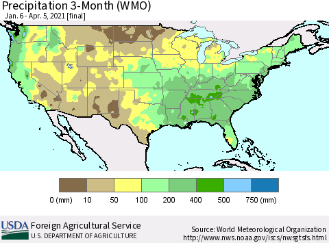 United States Precipitation 3-Month (WMO) Thematic Map For 1/6/2021 - 4/5/2021