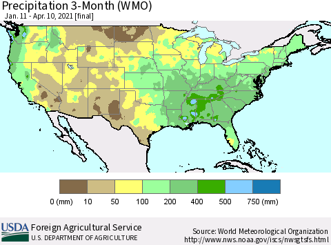 United States Precipitation 3-Month (WMO) Thematic Map For 1/11/2021 - 4/10/2021