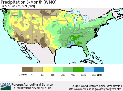 United States Precipitation 3-Month (WMO) Thematic Map For 1/26/2021 - 4/25/2021