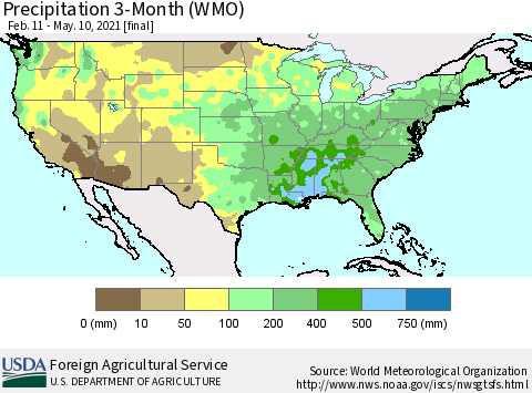 United States Precipitation 3-Month (WMO) Thematic Map For 2/11/2021 - 5/10/2021