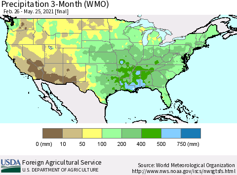 United States Precipitation 3-Month (WMO) Thematic Map For 2/26/2021 - 5/25/2021