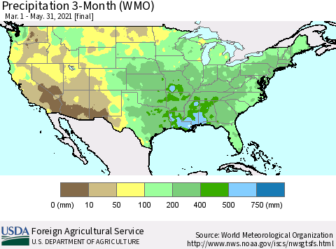 United States Precipitation 3-Month (WMO) Thematic Map For 3/1/2021 - 5/31/2021
