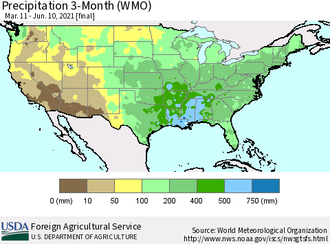 United States Precipitation 3-Month (WMO) Thematic Map For 3/11/2021 - 6/10/2021
