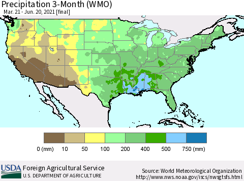 United States Precipitation 3-Month (WMO) Thematic Map For 3/21/2021 - 6/20/2021