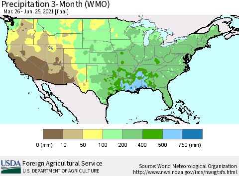 United States Precipitation 3-Month (WMO) Thematic Map For 3/26/2021 - 6/25/2021