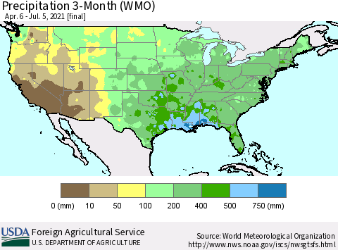 United States Precipitation 3-Month (WMO) Thematic Map For 4/6/2021 - 7/5/2021