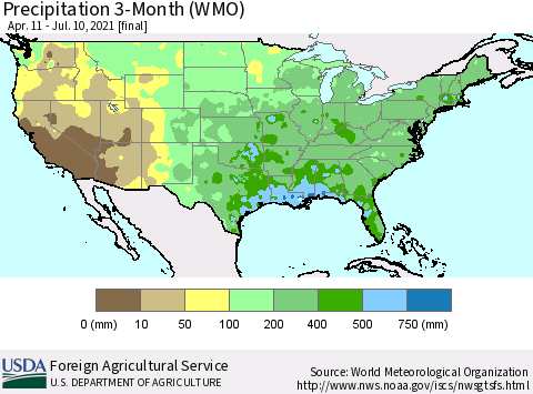 United States Precipitation 3-Month (WMO) Thematic Map For 4/11/2021 - 7/10/2021
