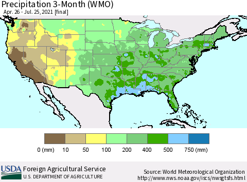 United States Precipitation 3-Month (WMO) Thematic Map For 4/26/2021 - 7/25/2021