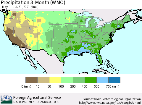 United States Precipitation 3-Month (WMO) Thematic Map For 5/1/2021 - 7/31/2021