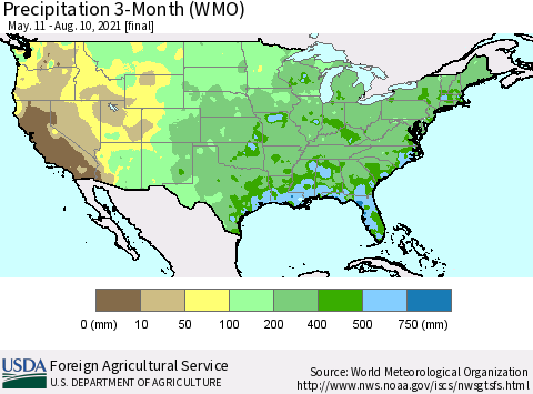 United States Precipitation 3-Month (WMO) Thematic Map For 5/11/2021 - 8/10/2021