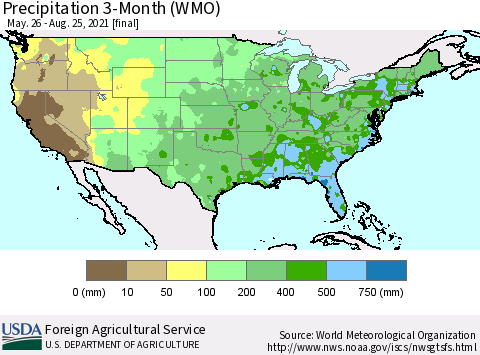United States Precipitation 3-Month (WMO) Thematic Map For 5/26/2021 - 8/25/2021