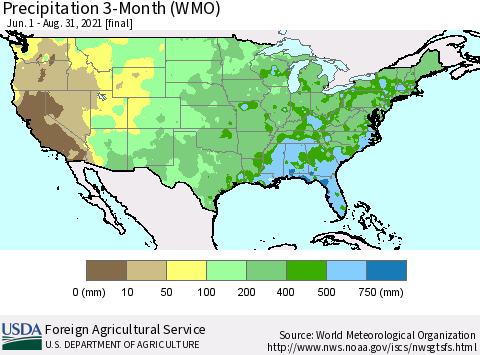 United States Precipitation 3-Month (WMO) Thematic Map For 6/1/2021 - 8/31/2021