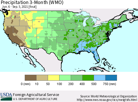 United States Precipitation 3-Month (WMO) Thematic Map For 6/6/2021 - 9/5/2021