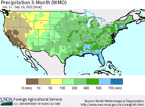 United States Precipitation 3-Month (WMO) Thematic Map For 6/11/2021 - 9/10/2021