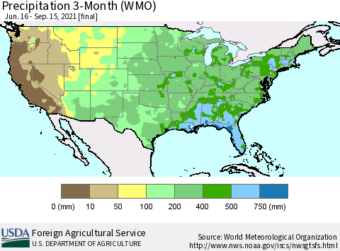 United States Precipitation 3-Month (WMO) Thematic Map For 6/16/2021 - 9/15/2021