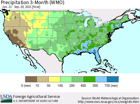 United States Precipitation 3-Month (WMO) Thematic Map For 6/21/2021 - 9/20/2021