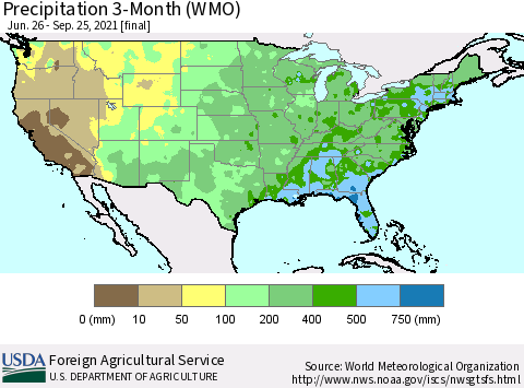 United States Precipitation 3-Month (WMO) Thematic Map For 6/26/2021 - 9/25/2021