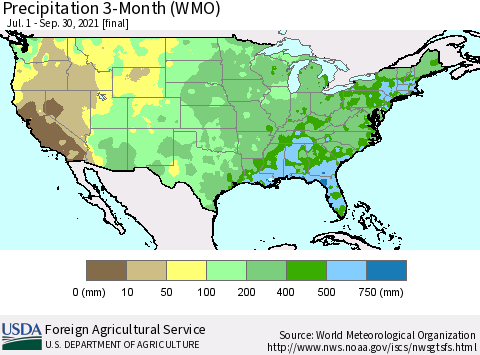 United States Precipitation 3-Month (WMO) Thematic Map For 7/1/2021 - 9/30/2021
