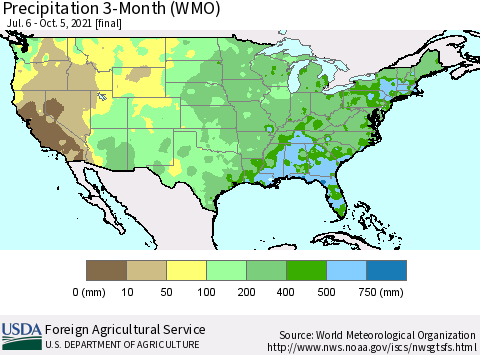 United States Precipitation 3-Month (WMO) Thematic Map For 7/6/2021 - 10/5/2021
