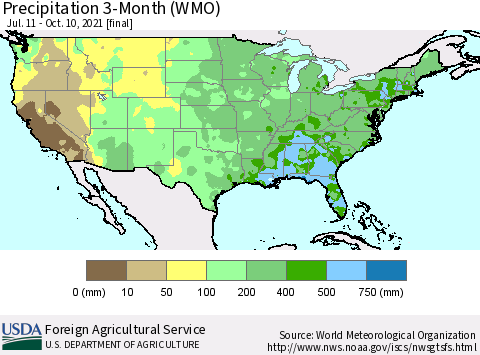 United States Precipitation 3-Month (WMO) Thematic Map For 7/11/2021 - 10/10/2021