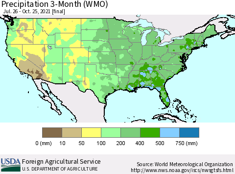 United States Precipitation 3-Month (WMO) Thematic Map For 7/26/2021 - 10/25/2021