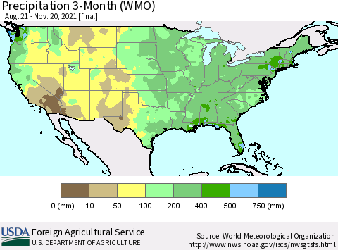 United States Precipitation 3-Month (WMO) Thematic Map For 8/21/2021 - 11/20/2021