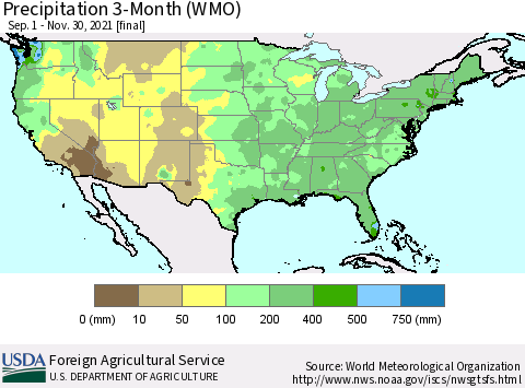 United States Precipitation 3-Month (WMO) Thematic Map For 9/1/2021 - 11/30/2021