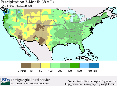 United States Precipitation 3-Month (WMO) Thematic Map For 10/1/2021 - 12/31/2021