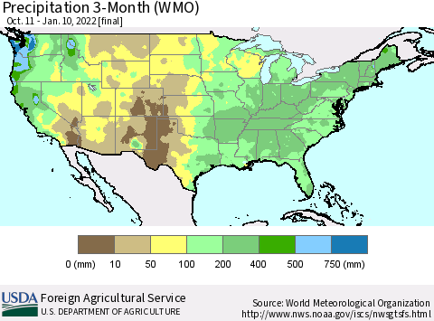 United States Precipitation 3-Month (WMO) Thematic Map For 10/11/2021 - 1/10/2022