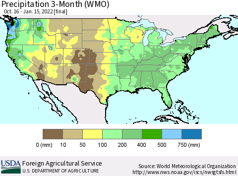 United States Precipitation 3-Month (WMO) Thematic Map For 10/16/2021 - 1/15/2022
