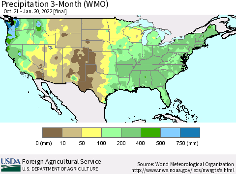 United States Precipitation 3-Month (WMO) Thematic Map For 10/21/2021 - 1/20/2022