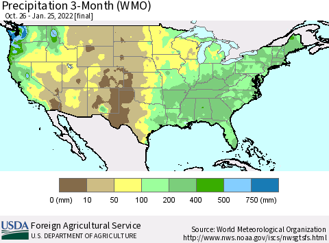 United States Precipitation 3-Month (WMO) Thematic Map For 10/26/2021 - 1/25/2022