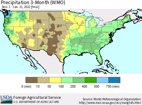 United States Precipitation 3-Month (WMO) Thematic Map For 11/1/2021 - 1/31/2022