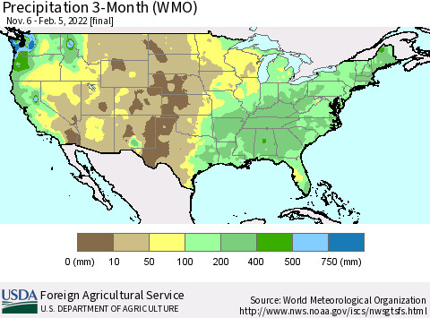 United States Precipitation 3-Month (WMO) Thematic Map For 11/6/2021 - 2/5/2022