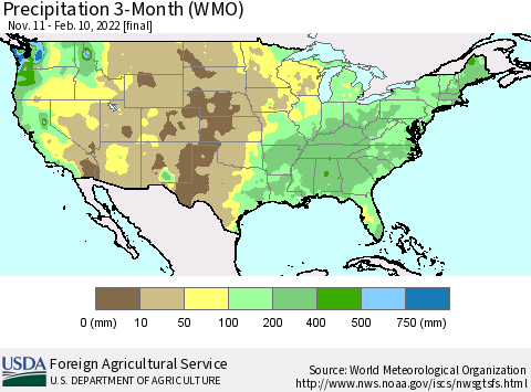 United States Precipitation 3-Month (WMO) Thematic Map For 11/11/2021 - 2/10/2022