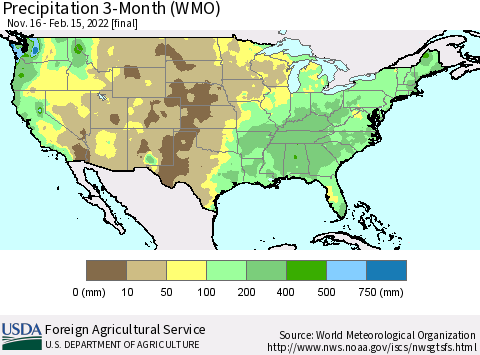 United States Precipitation 3-Month (WMO) Thematic Map For 11/16/2021 - 2/15/2022