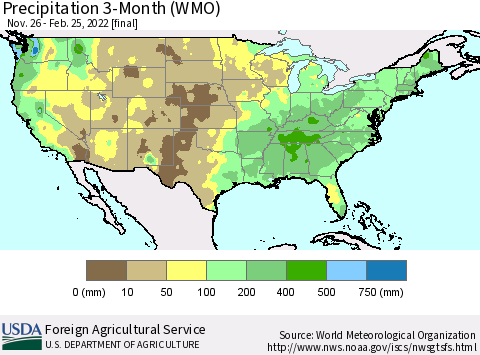 United States Precipitation 3-Month (WMO) Thematic Map For 11/26/2021 - 2/25/2022
