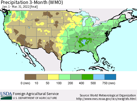 United States Precipitation 3-Month (WMO) Thematic Map For 1/1/2022 - 3/31/2022