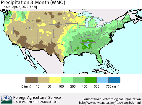 United States Precipitation 3-Month (WMO) Thematic Map For 1/6/2022 - 4/5/2022