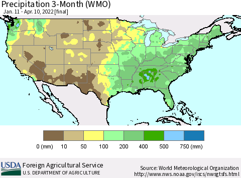 United States Precipitation 3-Month (WMO) Thematic Map For 1/11/2022 - 4/10/2022