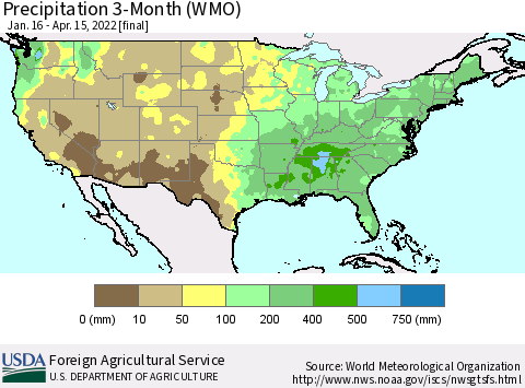 United States Precipitation 3-Month (WMO) Thematic Map For 1/16/2022 - 4/15/2022